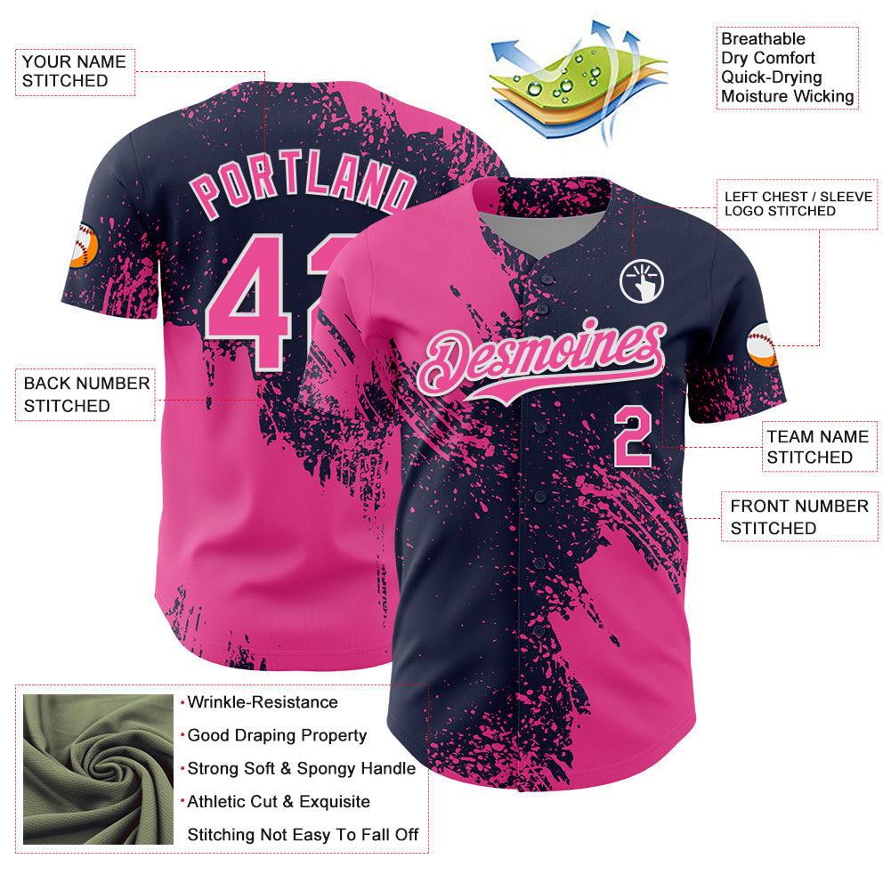 Custom Pink Navy-White 3D Pattern Design Abstract Brush Stroke Authentic Baseball Jersey view 3