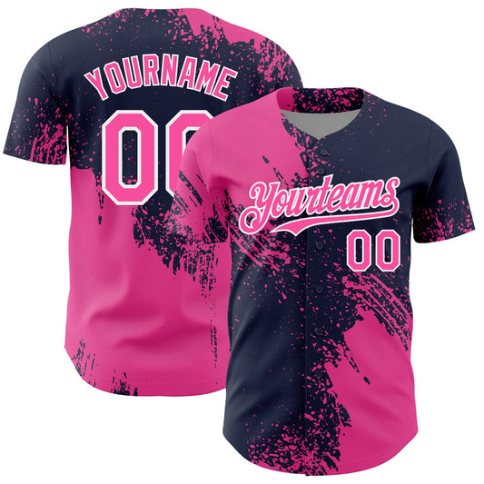 Custom Pink Navy-White 3D Pattern Design Abstract Brush Stroke Authentic Baseball Jersey - Main View