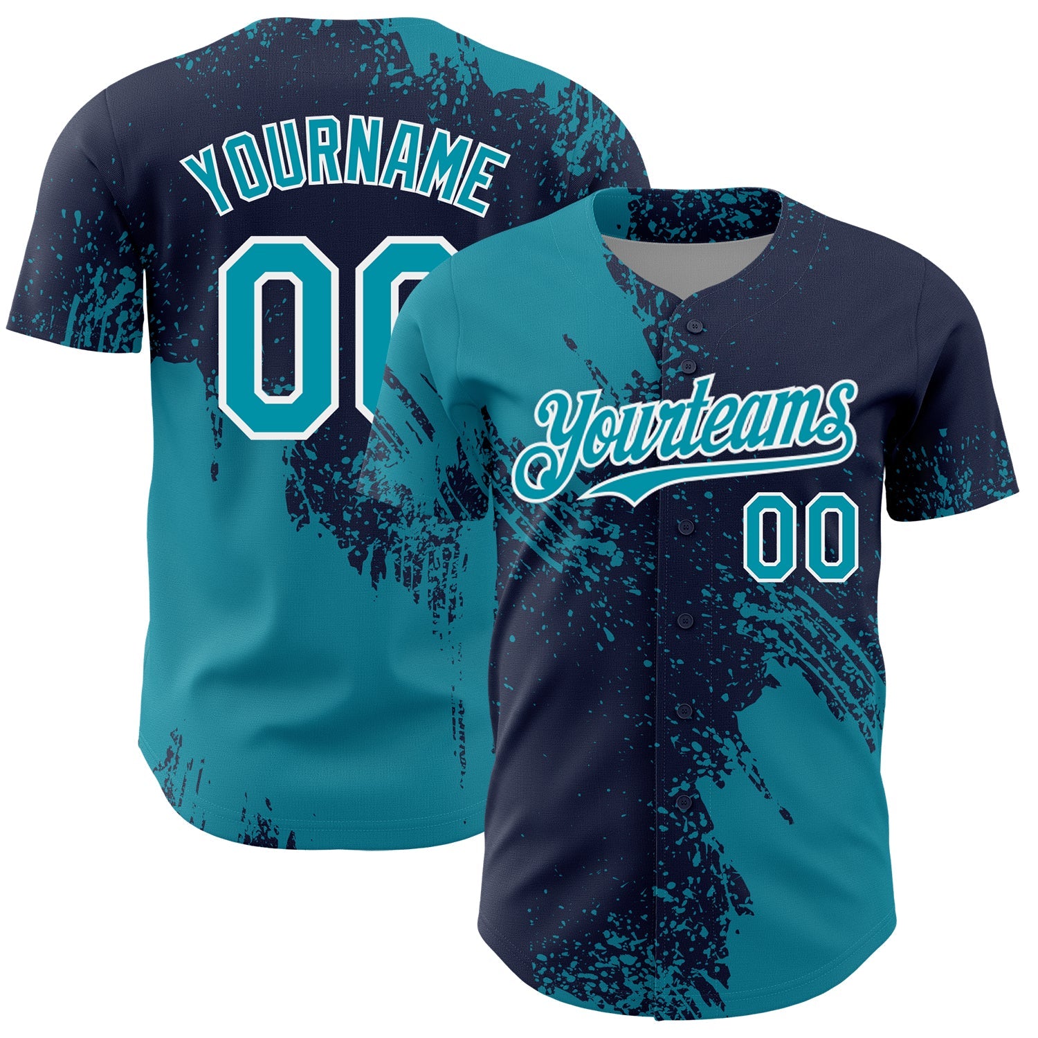 Custom Teal Navy-White 3D Pattern Design Abstract Brush Stroke Authentic Baseball Jersey - Main View
