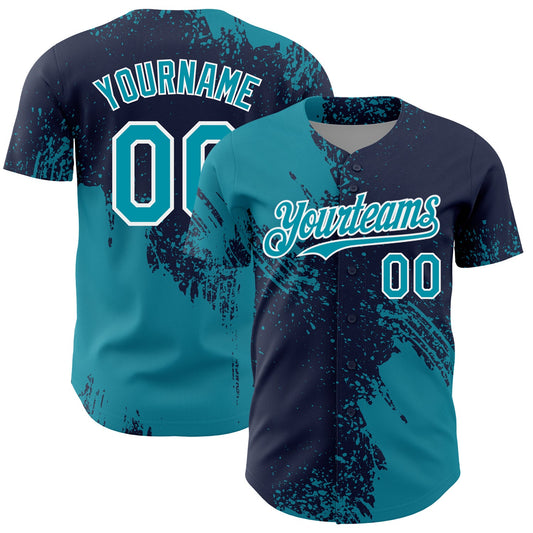 Custom Teal Navy-White 3D Pattern Design Abstract Brush Stroke Authentic Baseball Jersey - Main View