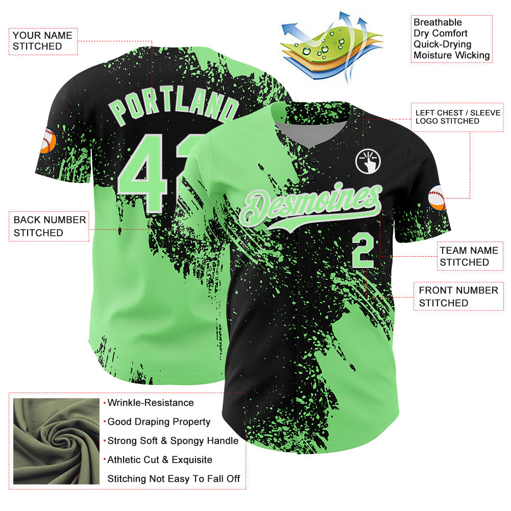 Custom Pea Green Black-White 3D Pattern Design Abstract Brush Stroke Authentic Baseball Jersey view 3