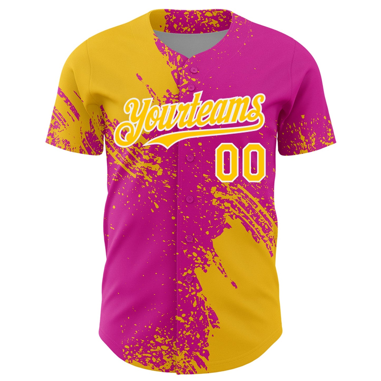 Custom Yellow Deep Pink-White 3D Pattern Design Abstract Brush Stroke Authentic Baseball Jersey view 2