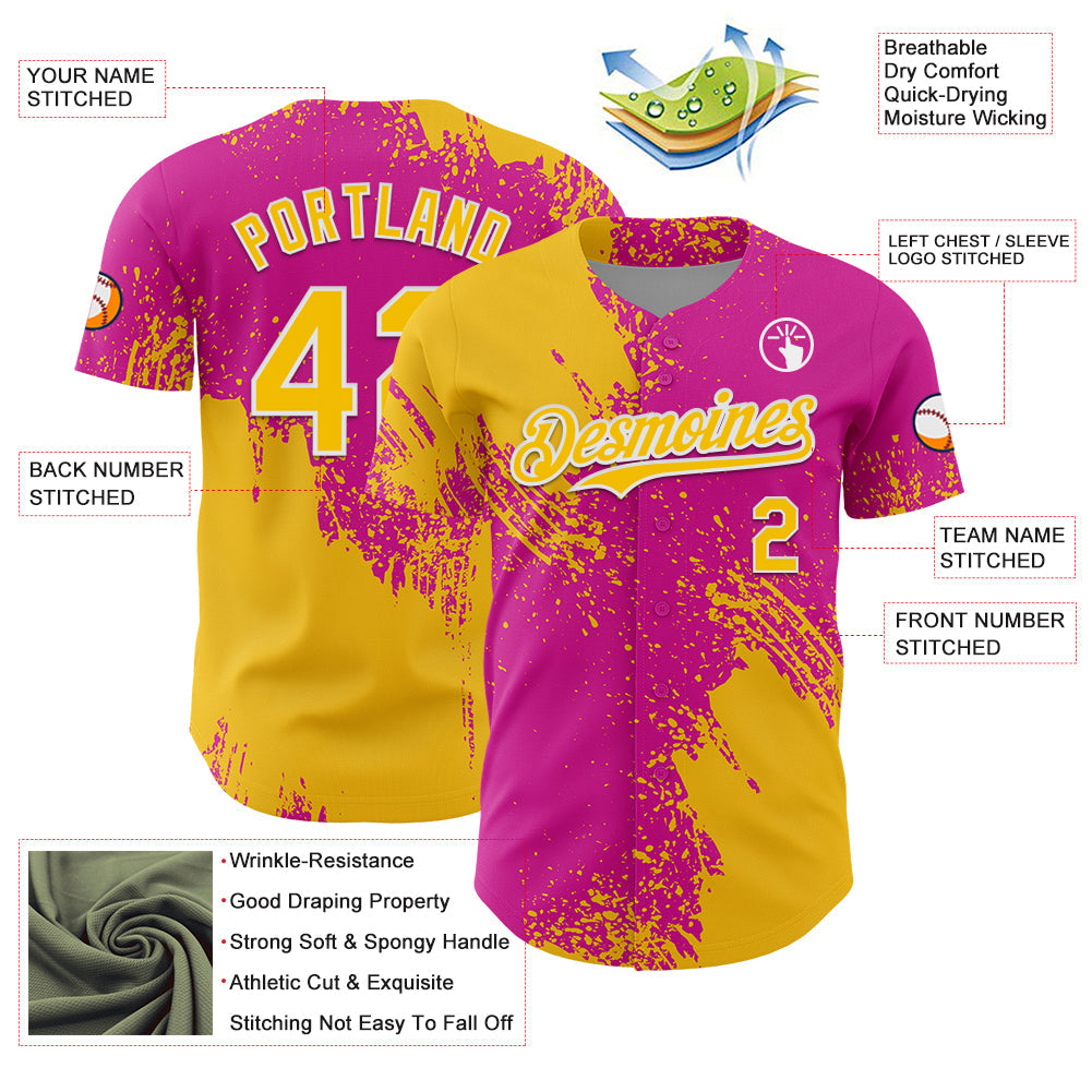Custom Yellow Deep Pink-White 3D Pattern Design Abstract Brush Stroke Authentic Baseball Jersey view 3