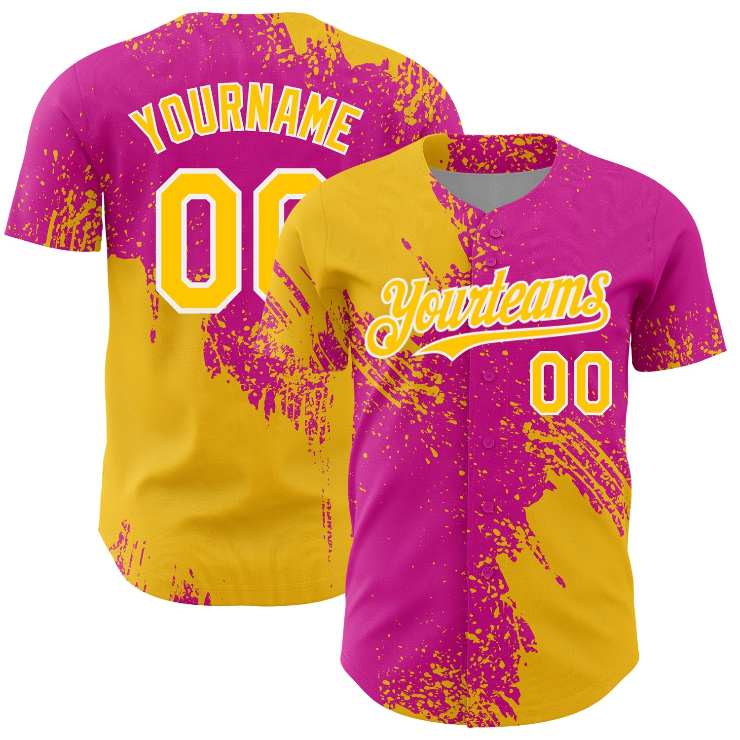 Custom Yellow Deep Pink-White 3D Pattern Design Abstract Brush Stroke Authentic Baseball Jersey - Main View