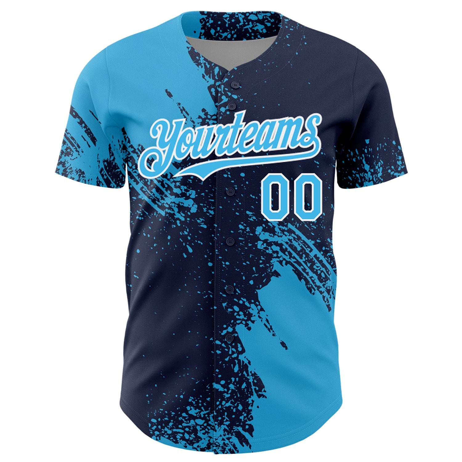 Custom Sky Blue Navy-White 3D Pattern Design Abstract Brush Stroke Authentic Baseball Jersey view 2