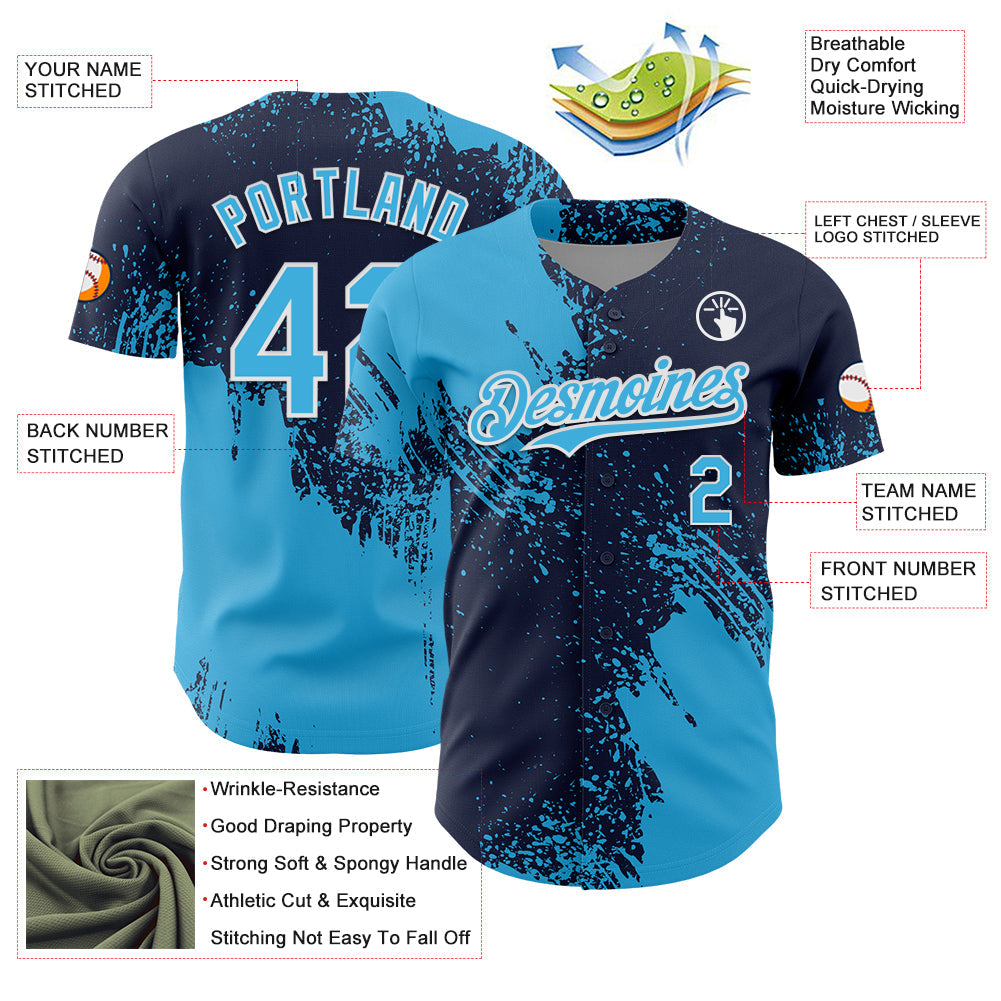 Custom Sky Blue Navy-White 3D Pattern Design Abstract Brush Stroke Authentic Baseball Jersey view 3