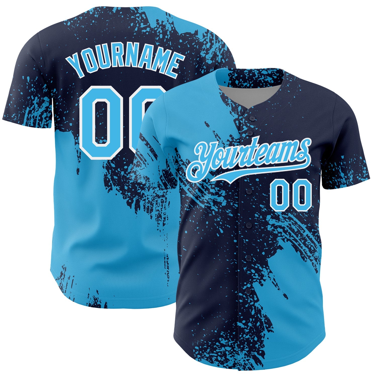 Custom Sky Blue Navy-White 3D Pattern Design Abstract Brush Stroke Authentic Baseball Jersey - Main View