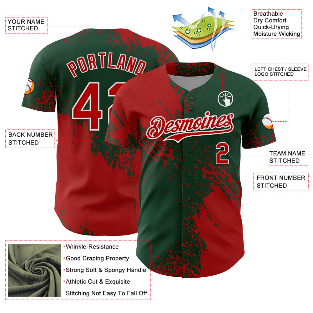Custom Red Green-White 3D Pattern Design Abstract Brush Stroke Authentic Baseball Jersey view 3