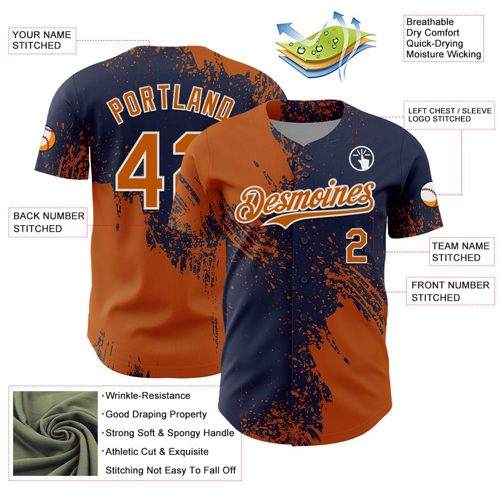 Custom Texas Orange Navy-White 3D Pattern Design Abstract Brush Stroke Authentic Baseball Jersey view 3