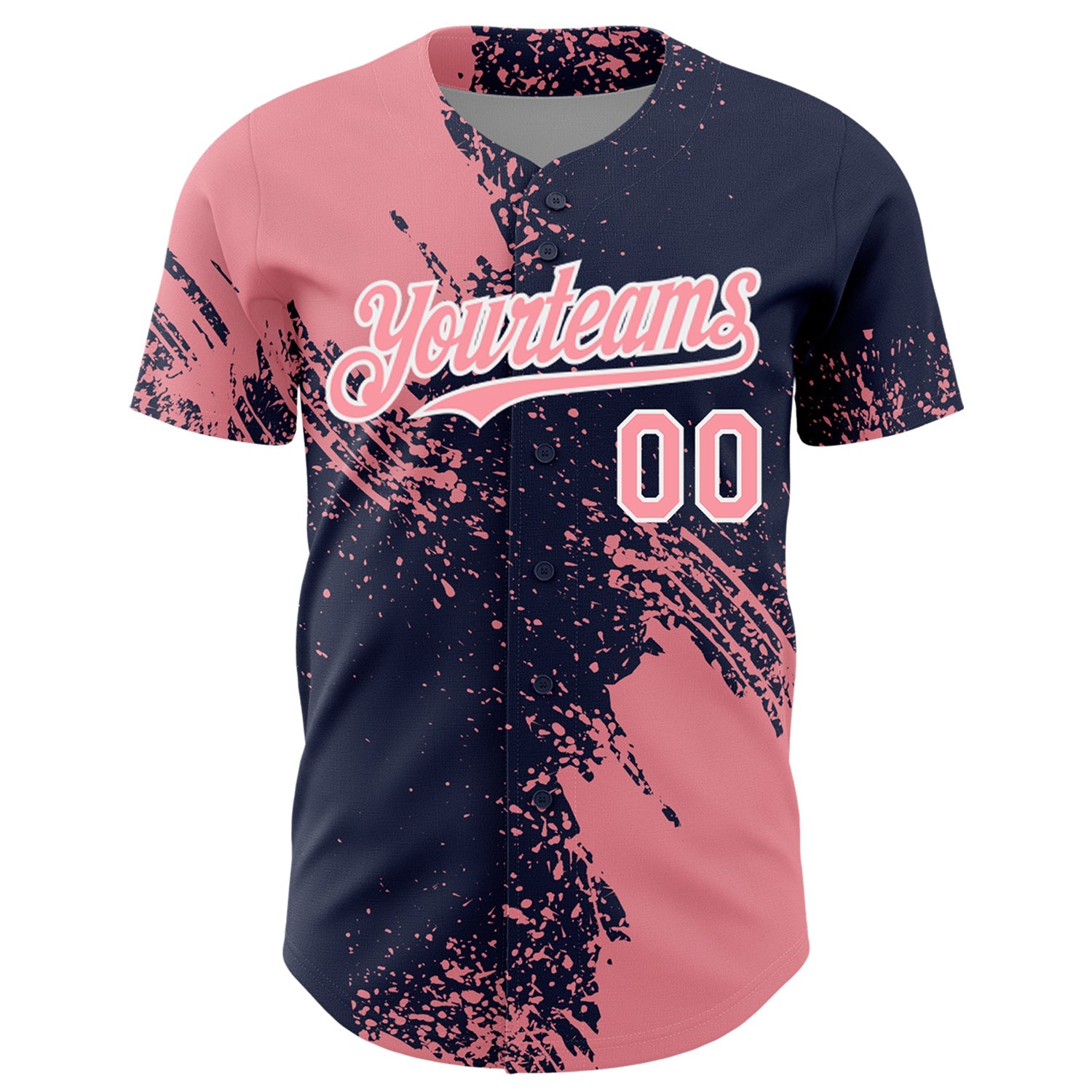 Custom Medium Pink Navy-White 3D Pattern Design Abstract Brush Stroke Authentic Baseball Jersey view 2
