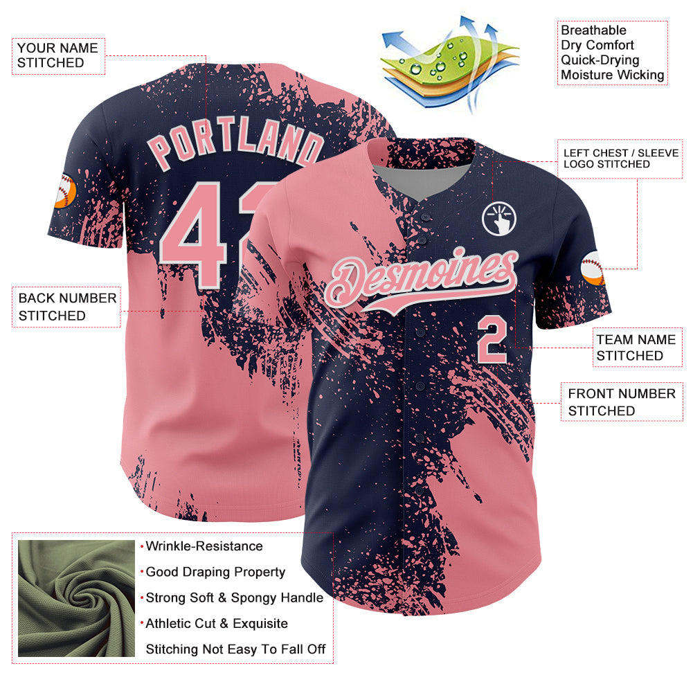 Custom Medium Pink Navy-White 3D Pattern Design Abstract Brush Stroke Authentic Baseball Jersey view 3