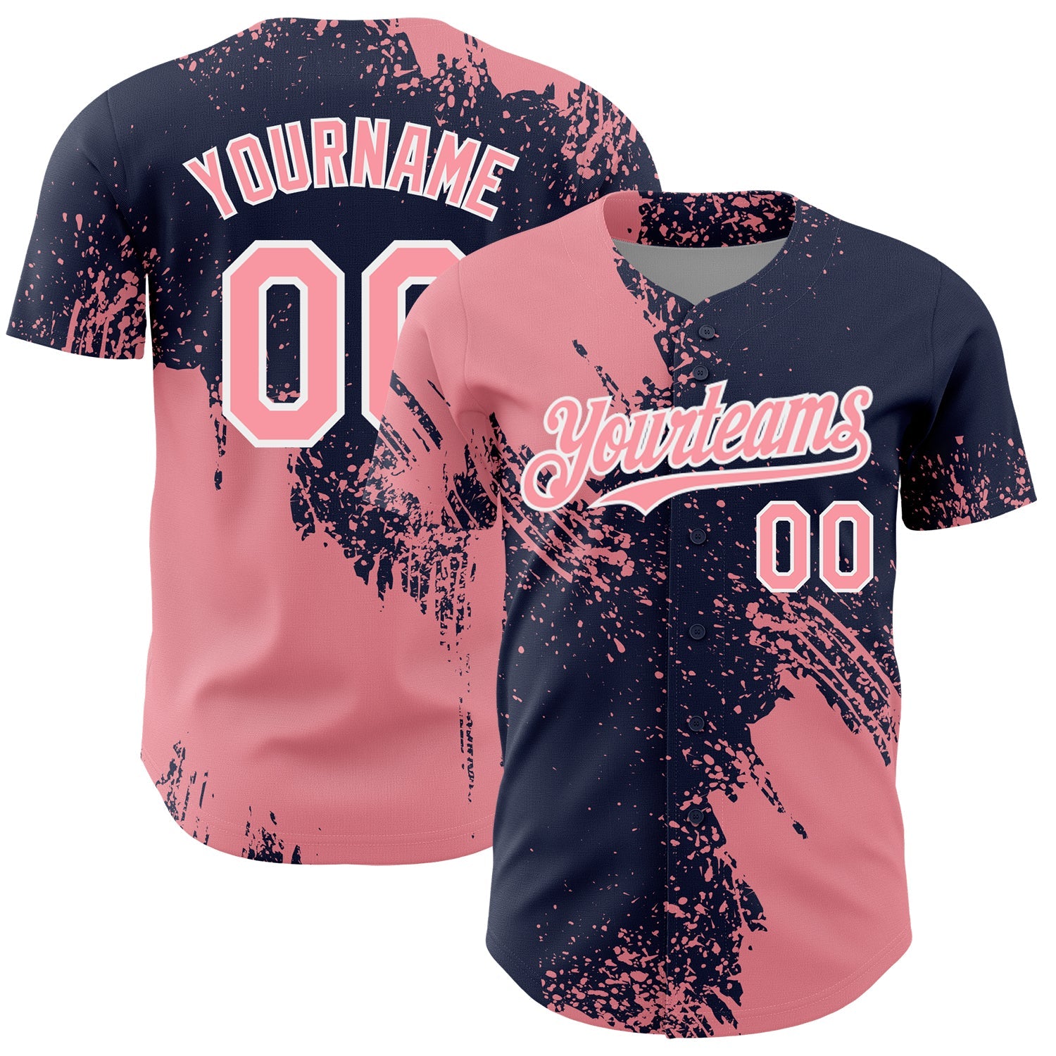 Custom Medium Pink Navy-White 3D Pattern Design Abstract Brush Stroke Authentic Baseball Jersey - Main View