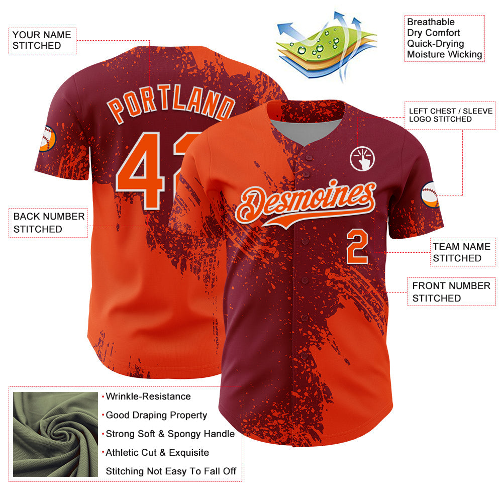 Custom Orange Crimson-White 3D Pattern Design Abstract Brush Stroke Authentic Baseball Jersey view 3