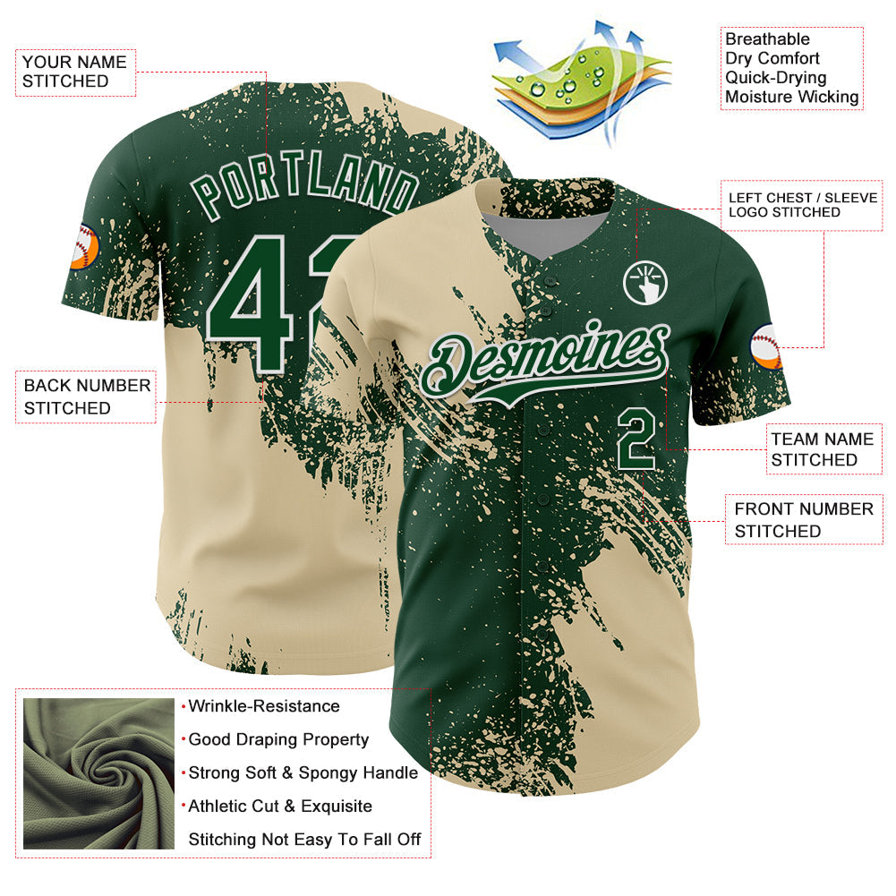 Custom Cream Green-White 3D Pattern Design Abstract Brush Stroke Authentic Baseball Jersey view 3