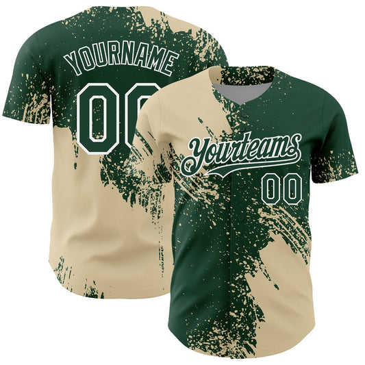 Custom Cream Green-White 3D Pattern Design Abstract Brush Stroke Authentic Baseball Jersey - Main View