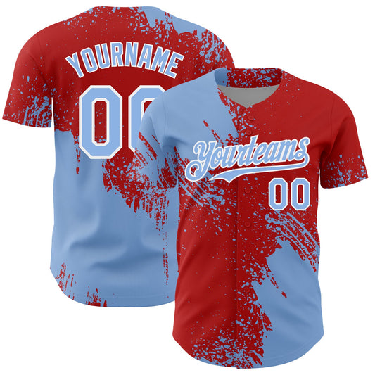 Custom Light Blue Red-White 3D Pattern Design Abstract Brush Stroke Authentic Baseball Jersey - Main View