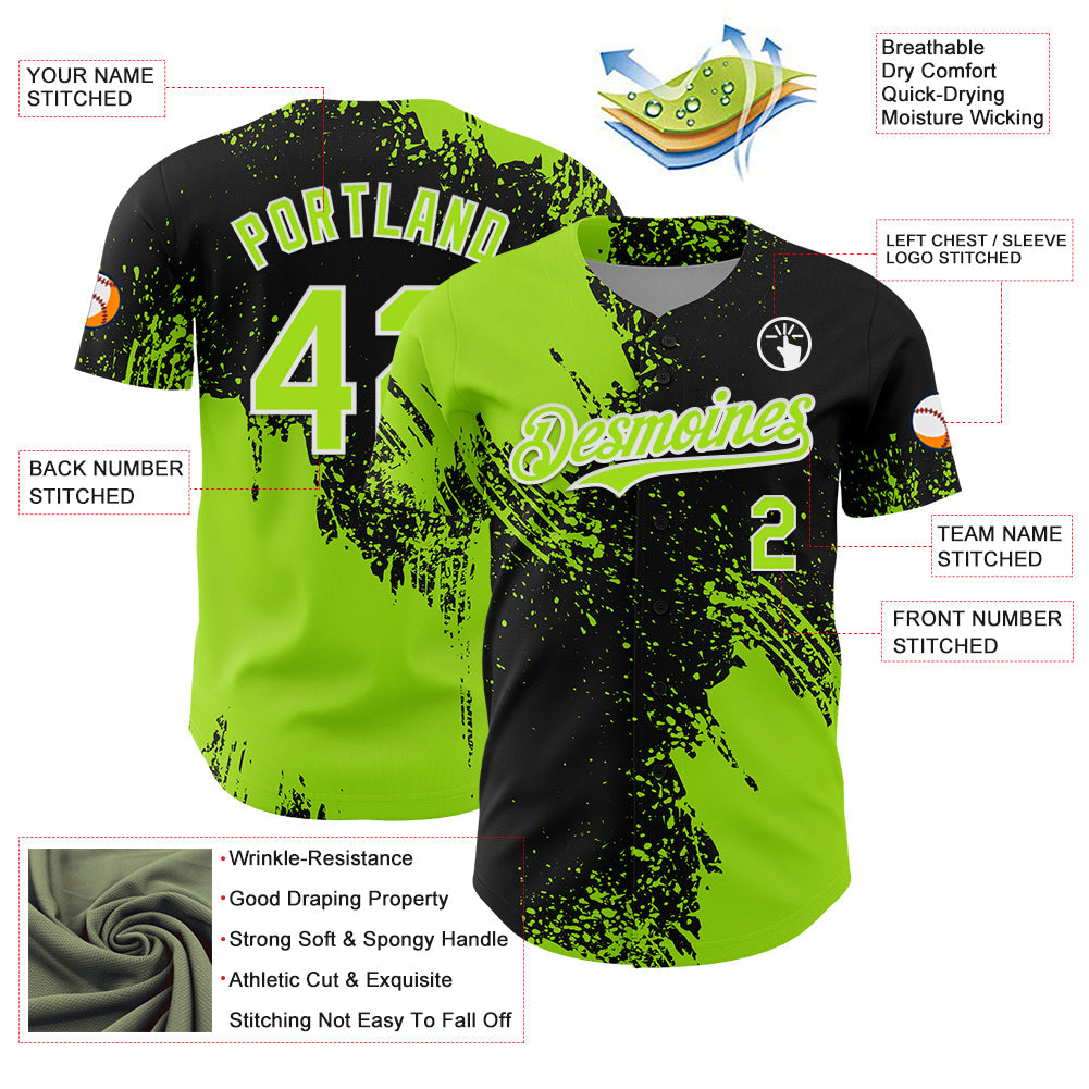 Custom Neon Green Black-White 3D Pattern Design Abstract Brush Stroke Authentic Baseball Jersey view 3