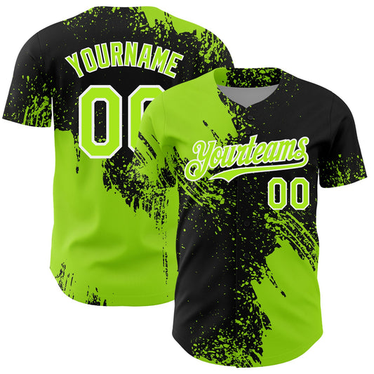 Custom Neon Green Black-White 3D Pattern Design Abstract Brush Stroke Authentic Baseball Jersey - Main View