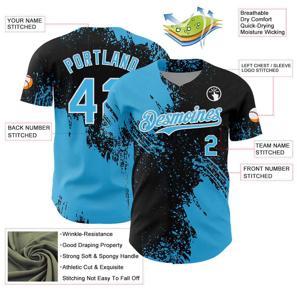 Custom Sky Blue Black-White 3D Pattern Design Abstract Brush Stroke Authentic Baseball Jersey view 3