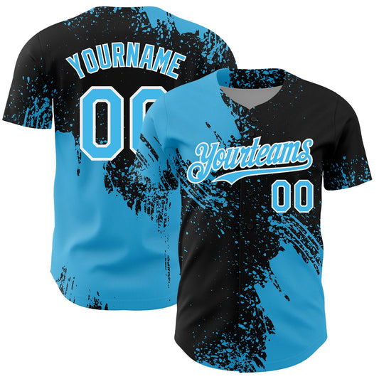 Custom Sky Blue Black-White 3D Pattern Design Abstract Brush Stroke Authentic Baseball Jersey - Main View