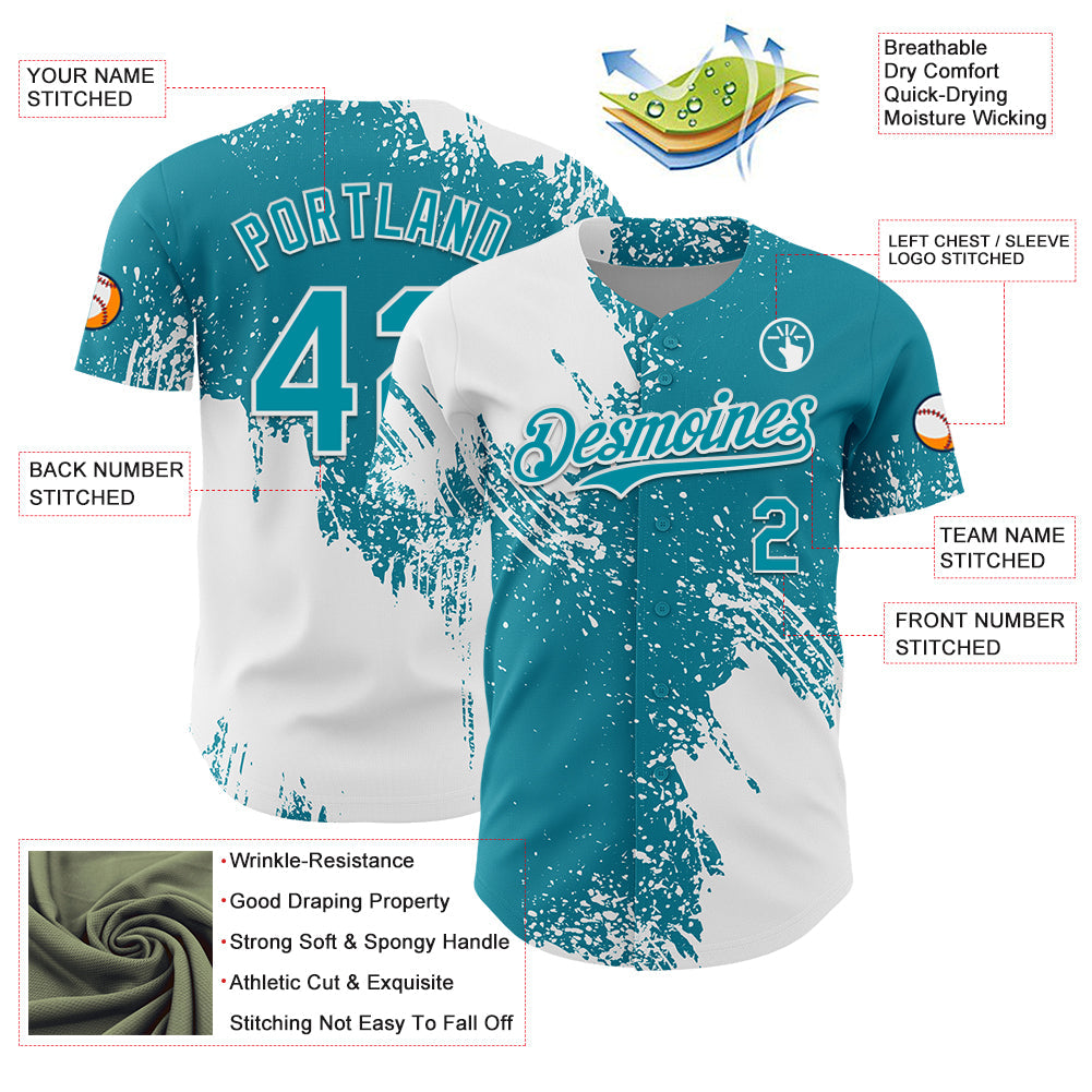 Custom White Teal 3D Pattern Design Abstract Brush Stroke Authentic Baseball Jersey view 3