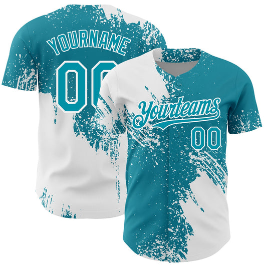 Custom White Teal 3D Pattern Design Abstract Brush Stroke Authentic Baseball Jersey - Main View