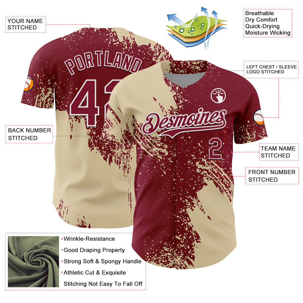 Custom Cream Crimson-White 3D Pattern Design Abstract Brush Stroke Authentic Baseball Jersey view 3