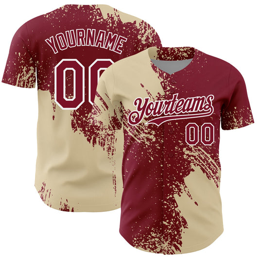 Custom Cream Crimson-White 3D Pattern Design Abstract Brush Stroke Authentic Baseball Jersey - Main View