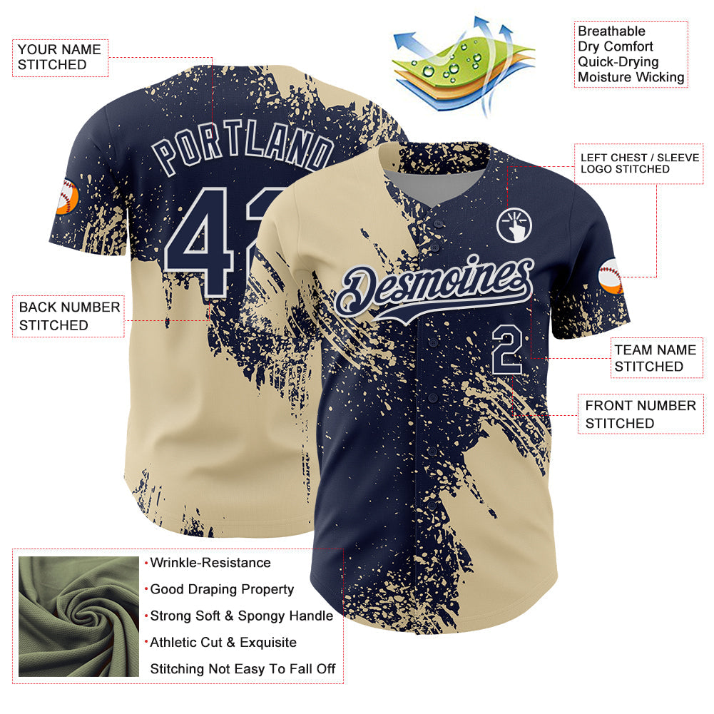Custom Cream Navy-White 3D Pattern Design Abstract Brush Stroke Authentic Baseball Jersey view 3