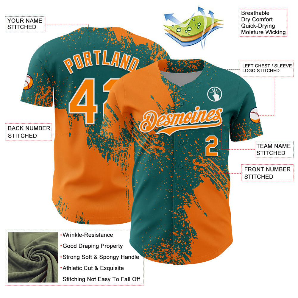 Custom Bay Orange Teal-White 3D Pattern Design Abstract Brush Stroke Authentic Baseball Jersey view 3