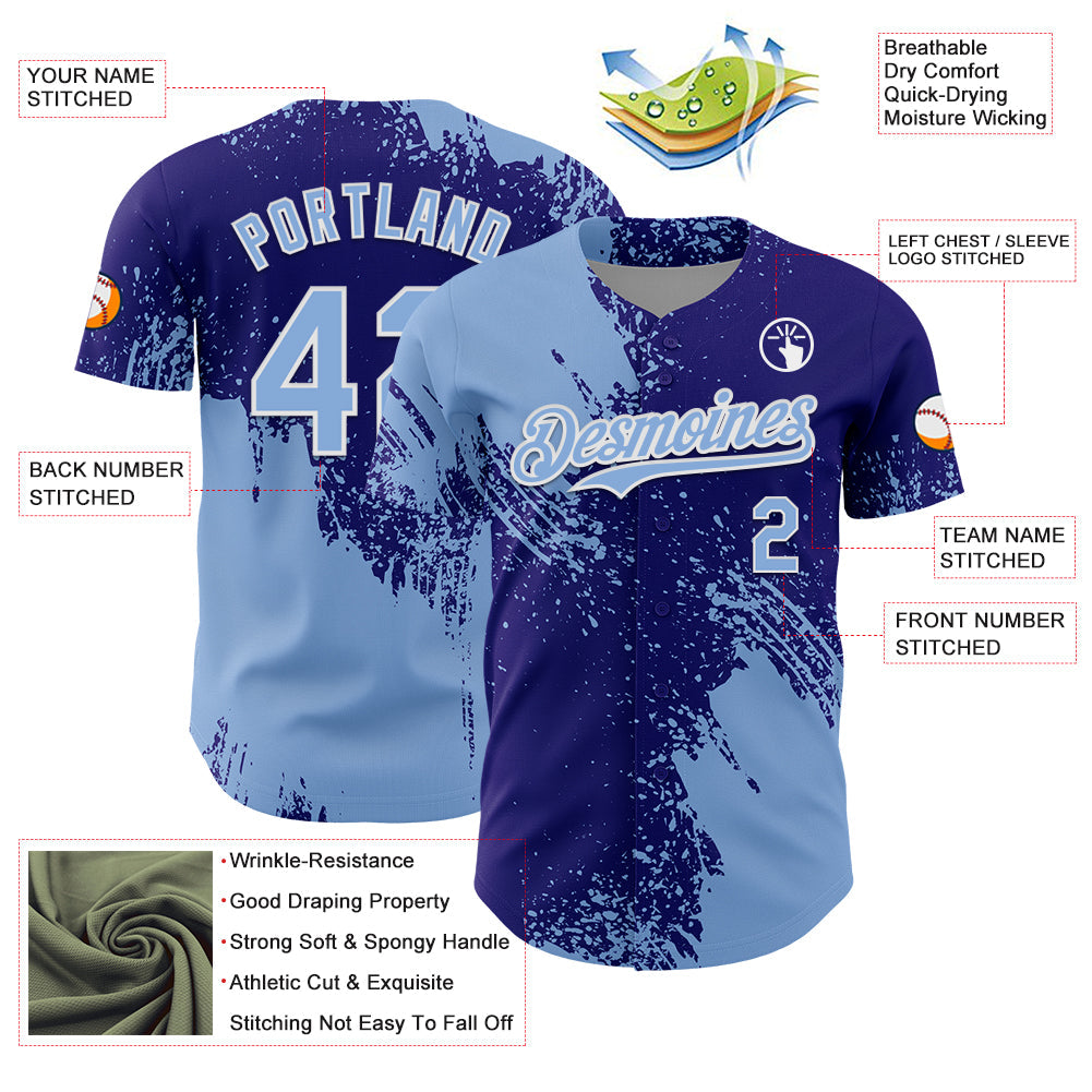 Custom Light Blue Dark Purple-White 3D Pattern Design Abstract Brush Stroke Authentic Baseball Jersey view 3