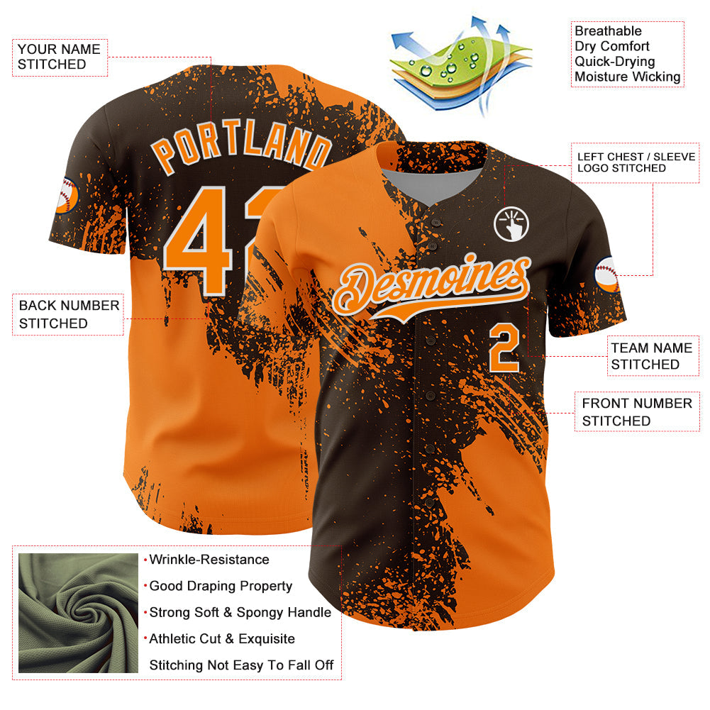 Custom Bay Orange Brown-White 3D Pattern Design Abstract Brush Stroke Authentic Baseball Jersey view 3