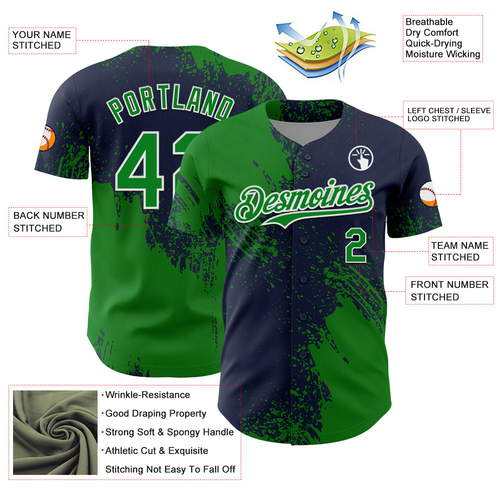 Custom Grass Green Navy-White 3D Pattern Design Abstract Brush Stroke Authentic Baseball Jersey view 3