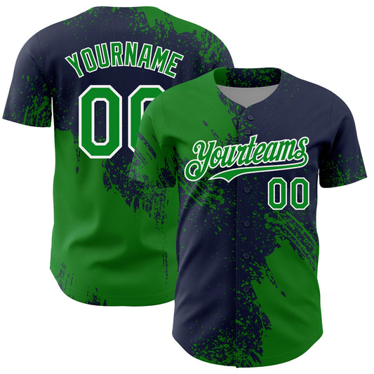 Custom Grass Green Navy-White 3D Pattern Design Abstract Brush Stroke Authentic Baseball Jersey - Main View