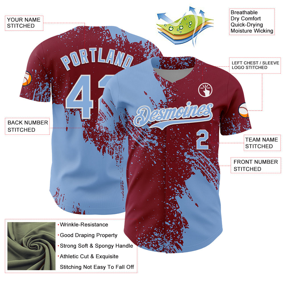 Custom Light Blue Crimson-White 3D Pattern Design Abstract Brush Stroke Authentic Baseball Jersey view 3