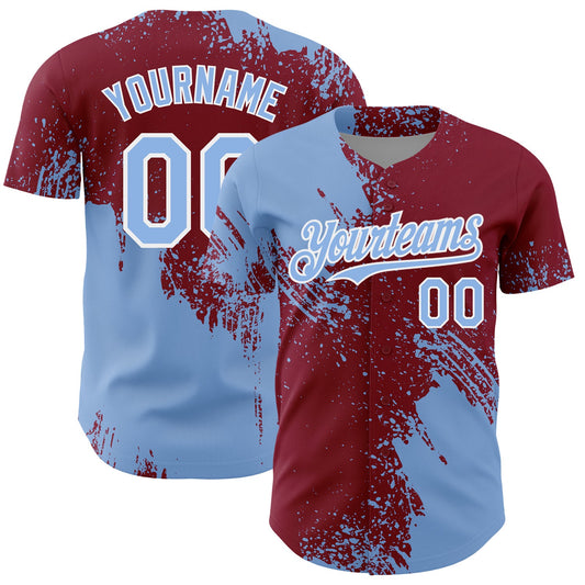 Custom Light Blue Crimson-White 3D Pattern Design Abstract Brush Stroke Authentic Baseball Jersey - Main View