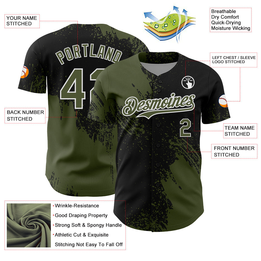 Custom Olive Black-White 3D Pattern Design Abstract Brush Stroke Authentic Baseball Jersey view 3