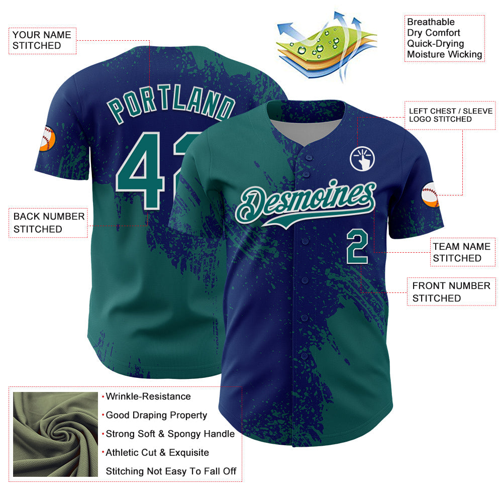 Custom Teal US Navy Blue-White 3D Pattern Design Abstract Brush Stroke Authentic Baseball Jersey view 3