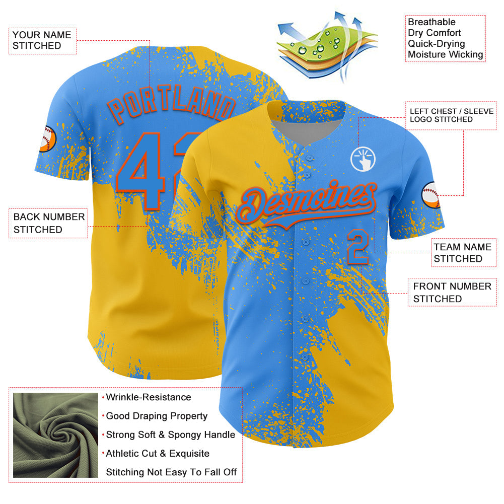 Custom Yellow Electric Blue-Orange 3D Pattern Design Abstract Brush Stroke Authentic Baseball Jersey view 3