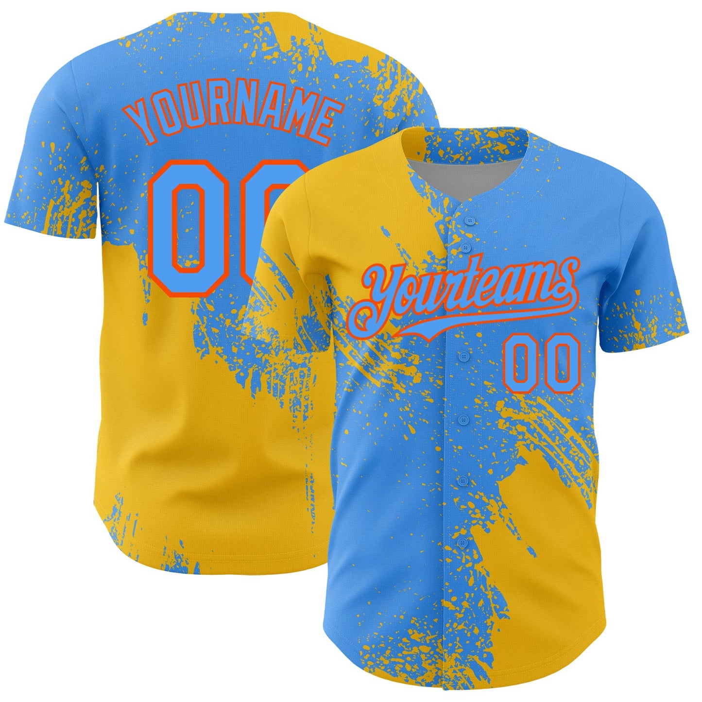 Custom Yellow Electric Blue-Orange 3D Pattern Design Abstract Brush Stroke Authentic Baseball Jersey - Main View