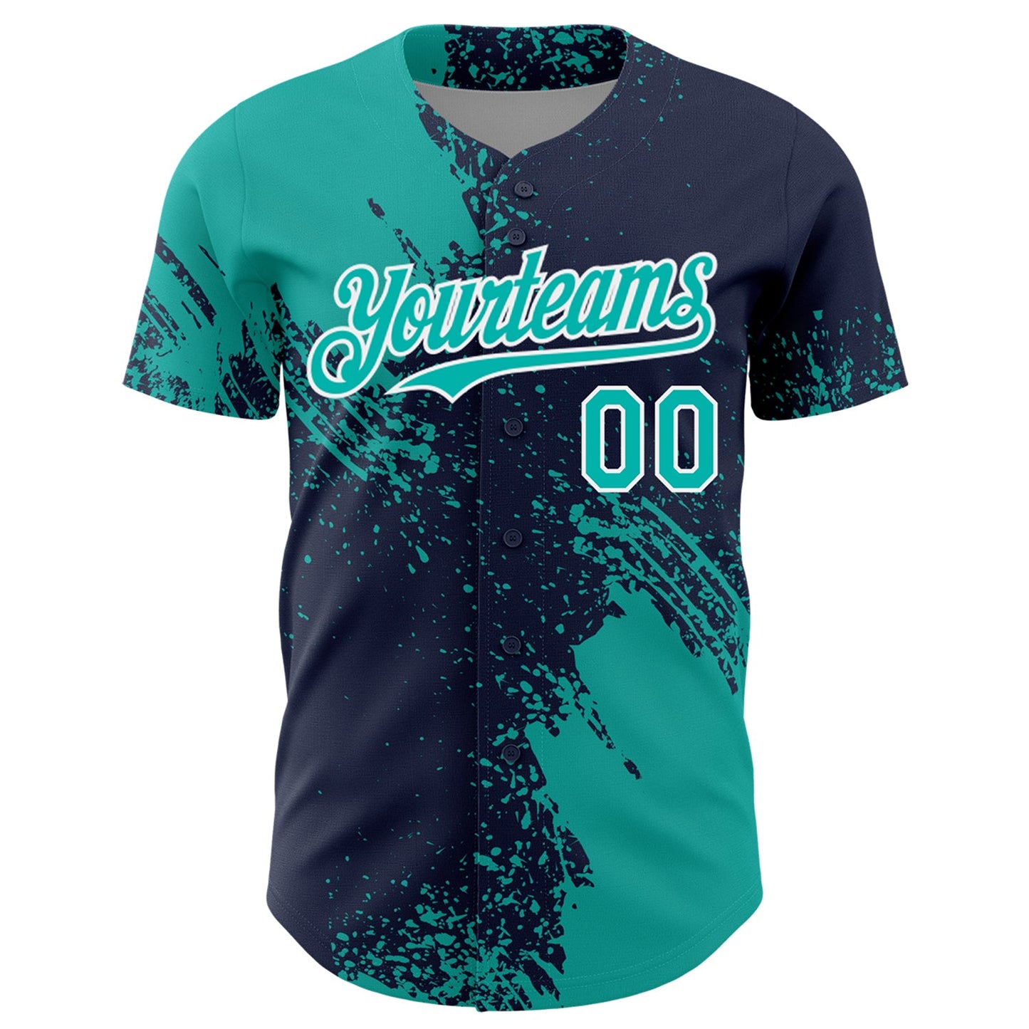 Custom Aqua Navy-White 3D Pattern Design Abstract Brush Stroke Authentic Baseball Jersey view 2