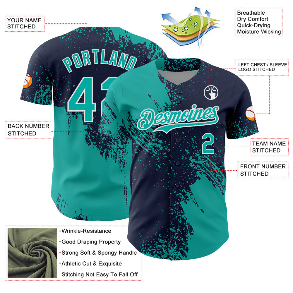 Custom Aqua Navy-White 3D Pattern Design Abstract Brush Stroke Authentic Baseball Jersey view 3
