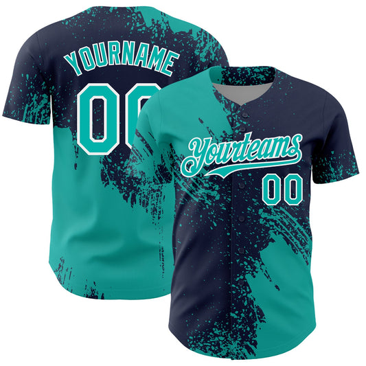 Custom Aqua Navy-White 3D Pattern Design Abstract Brush Stroke Authentic Baseball Jersey - Main View