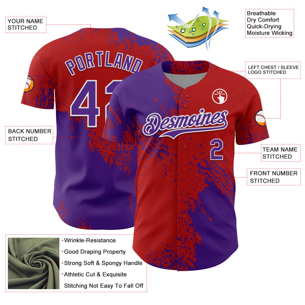 Custom Purple Red-White 3D Pattern Design Abstract Brush Stroke Authentic Baseball Jersey view 3