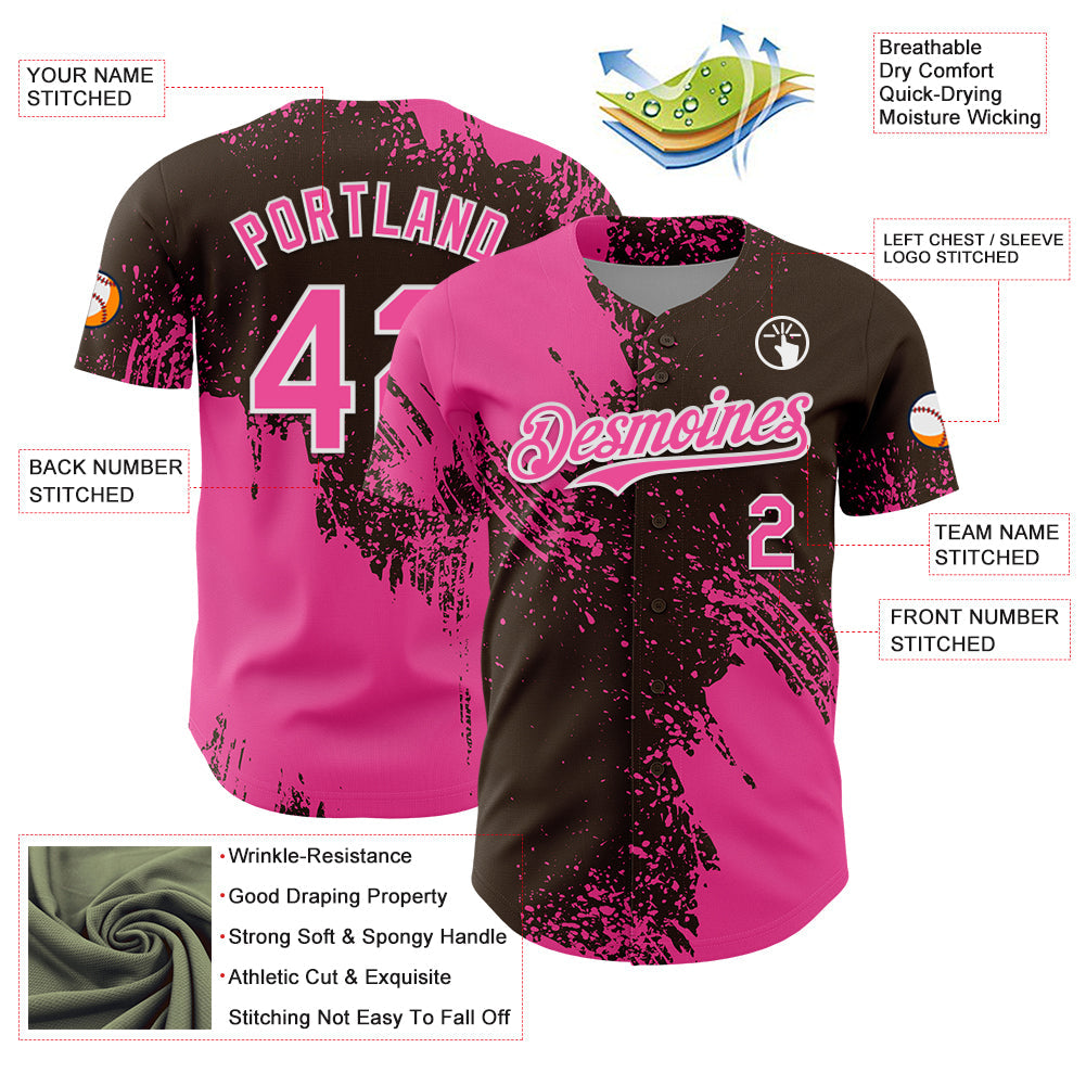 Custom Pink Brown-White 3D Pattern Design Abstract Brush Stroke Authentic Baseball Jersey view 3