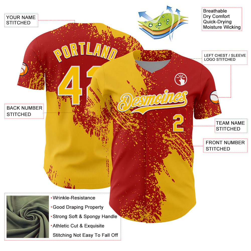 Custom Yellow Red-White 3D Pattern Design Abstract Brush Stroke Authentic Baseball Jersey view 3