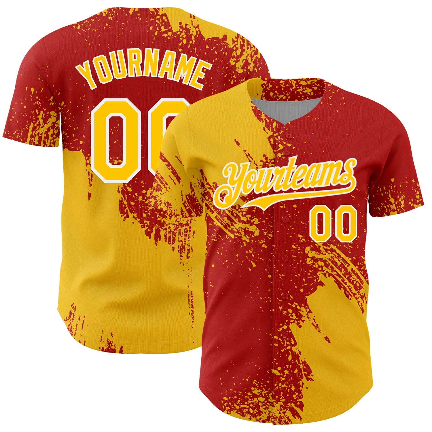 Custom Yellow Red-White 3D Pattern Design Abstract Brush Stroke Authentic Baseball Jersey - Main View