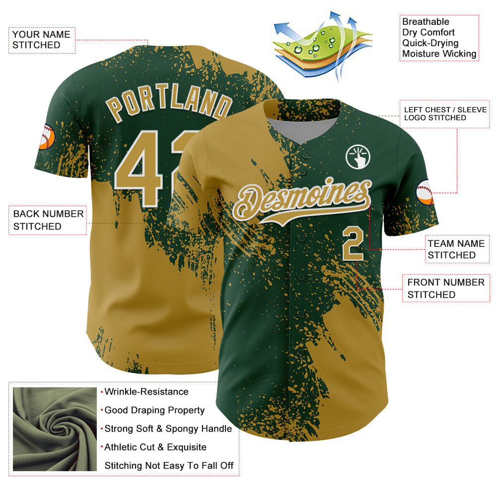 Custom Old Gold Green-White 3D Pattern Design Abstract Brush Stroke Authentic Baseball Jersey view 3