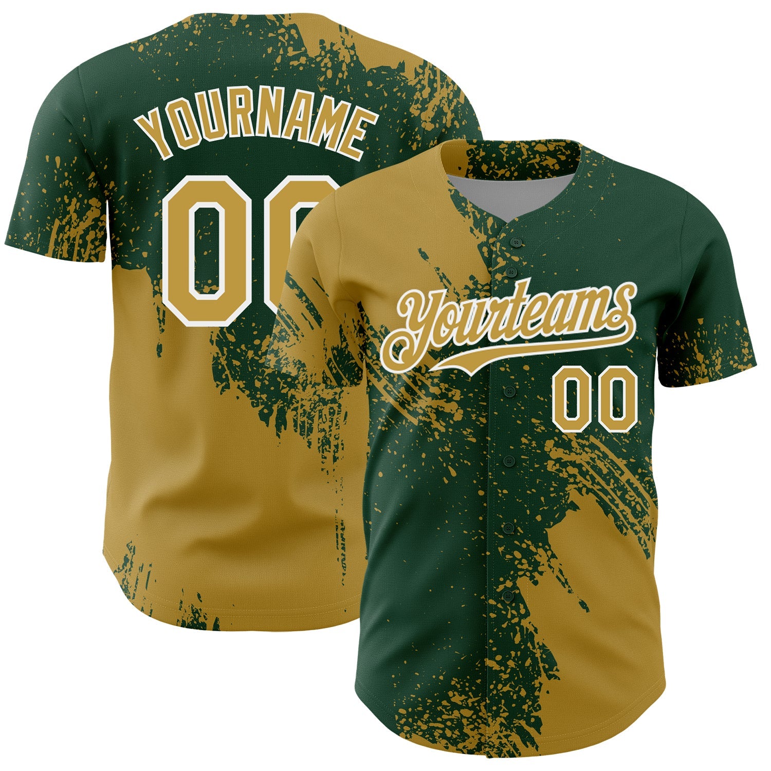 Custom Old Gold Green-White 3D Pattern Design Abstract Brush Stroke Authentic Baseball Jersey - Main View