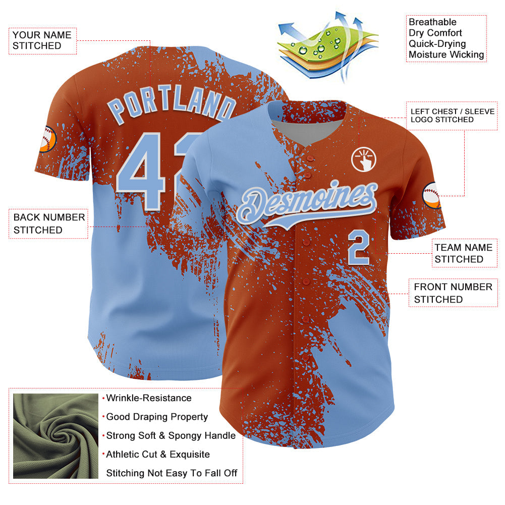 Custom Light Blue Texas Orange-White 3D Pattern Design Abstract Brush Stroke Authentic Baseball Jersey view 3